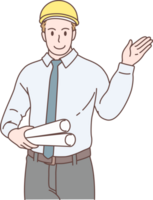 Architech engineer character holding blueprint and pointing to prosent. Hand drawn style. png