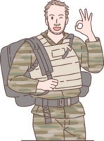 Illustration of soldier character, standing and OK sign. Hand drawn stype png