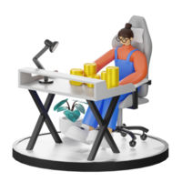 A Teenage Girl Engaged in 3D Coin Counting at the Computer Desk png