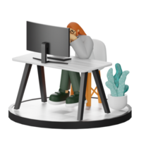 3D Illustration of a Teenage Female Programmer at the Computer Desk png