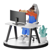 une adolescent fille élongation dans 3d illustration à le ordinateur bureau png