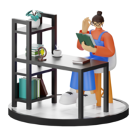 une adolescent fille immergé dans 3d illustration tandis que en train de lire une livre à le ordinateur bureau png