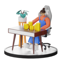 A Teenage Girl Engaged in 3D Coin Counting at the Computer Desk png