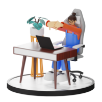 A Teenage Girl Stretching in 3D Illustration at the Computer Desk png