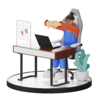 A Teenage Girl Stretching in 3D Illustration at the Computer Desk png