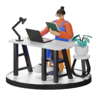 A Teenage Girl immersed in 3D Illustration while Reading a Book at the Computer Desk png