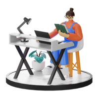 A Teenage Girl immersed in 3D Illustration while Reading a Book at the Computer Desk png