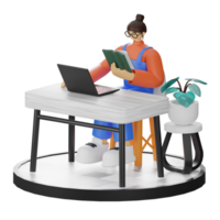 A Teenage Girl immersed in 3D Illustration while Reading a Book at the Computer Desk png