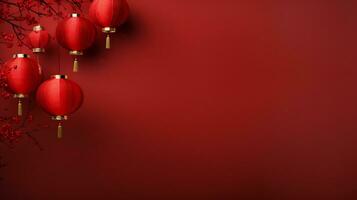 AI generated lunar new year background with hanging red latern photo