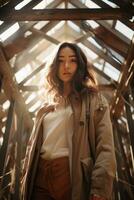 AI generated a woman is standing in an industrial structure with beams and scaffolding photo