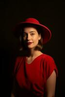 AI generated a beautiful girl wearing red dress and hat photo