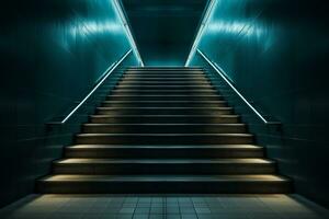 ai generado un escalera arriba a un brillantemente iluminado zona en el estilo de oscuro gris y verde azulado foto