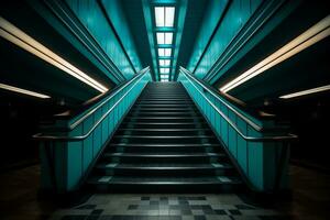 AI generated a stairway up to a brightly lit area in the style of dark gray and teal photo