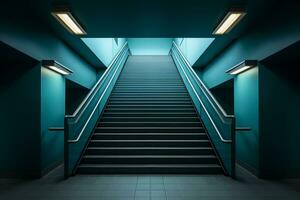 ai generado un escalera arriba a un brillantemente iluminado zona en el estilo de oscuro gris y verde azulado foto