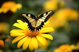 ai generado un amarillo y negro mariposa perca en un amarillo flor foto