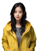 ai generato bellissimo donna indossare giallo leggero giacca trasparente Immagine png