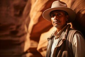 ai generado un hombre vistiendo sombrero en pie en un rock cañón foto