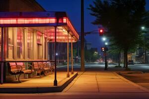 AI generated Photograph of a quiet bus stop at night photo