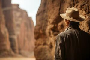 ai generado un hombre vistiendo sombrero en pie en un rock cañón foto