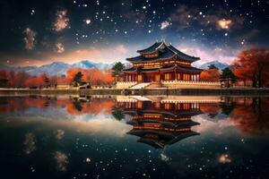 AI generated Beautiful Gyeongbokgung palace in Seoul, South Korea, Gyeongbokgung palace and Milky Way in Seoul, South Korea, AI Generated photo