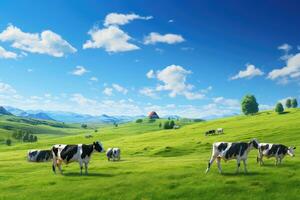 AI generated Herd of cows grazing in a green meadow on a sunny day, Herd of cows in a green meadow below a blue sky in sunlight in spring, AI Generated photo