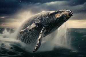ai generado jorobado ballena salpicaduras en el Oceano a atardecer, Islandia, jorobado ballena saltando fuera de el agua, ai generado foto