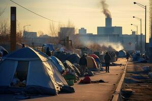 AI generated War refugees at the Ukrainian border in Kiev. Ukraine, Homeless and in poverty in a tent city, AI Generated photo