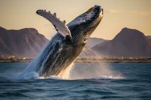 ai generado jorobado ballena en el Oceano a puesta de sol. 3d prestar, jorobado ballena saltando fuera de el agua, ai generado foto