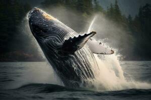 ai generado jorobado ballena salpicaduras en el océano. Alaska. EE.UU, jorobado ballena saltando fuera de el agua, ai generado foto