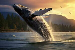 ai generado jorobado ballena saltando fuera de el agua a atardecer, Alaska, jorobado ballena saltando fuera de el agua, ai generado foto