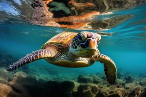 AI generated Hawaiian Green Sea Turtle Chelonia mydas swimming underwater, Green sea turtle swimming around colorful coral reef formations in the wild, AI Generated photo