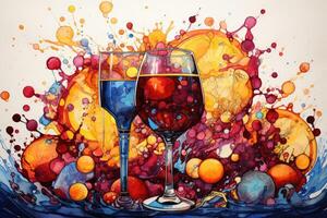 ai generado dos lentes de rojo y azul vino en un antecedentes de acuarela salpicaduras, ilustración exhibiendo un fusión Entre puntillismo y alcohol tinta cuadro, ai generado foto