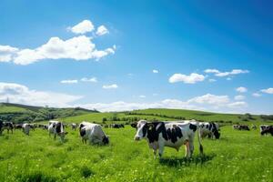 ai generado vacas pasto en un verde prado en el montañas debajo azul cielo, manada de vacas en un verde prado abajo un azul cielo en luz de sol en primavera, ai generado foto