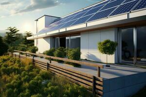 ai generado solar paneles en el techo de un moderno casa. 3d representación, casa cerca hecho de solar paneles, ai generado foto