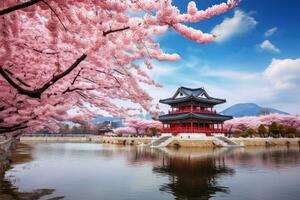 AI generated Gyeongbokgung palace with cherry blossom in South Korea, Gyeongbokgung palace with cherry blossom tree in springtime in Seoul city, South Korea, AI Generated photo