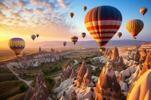 AI generated Hot air balloons flying over famous Cappadocia, Turkey, Hot air balloons flying over spectacular Cappadocia, AI Generated photo