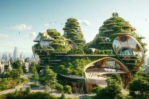 AI generated Futuristic city in the form of a panorama of the park, Illustrate the integration of renewable energy sources and eco-friendly architecture in a sustainable city, AI Generated photo