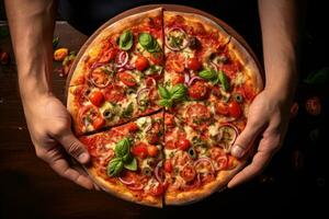 AI generated Pizza in the hands of a man on a dark background, Hand-taking a slice of Italian cuisine pizza, top view, AI Generated photo