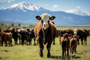 ai generado manada de vacas en un prado en el montañas debajo azul cielo, manada de vaca y becerro pares en pasto en el carne de vaca vacas rancho, ai generado foto