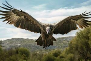 ai generado grifón buitre gyps fulvus en vuelo, enorme buitre en vuelo, bajo ángulo vista, ai generado foto