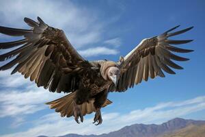 ai generado grifón buitre gyps fulvus en vuelo, enorme buitre en vuelo, bajo ángulo vista, ai generado foto