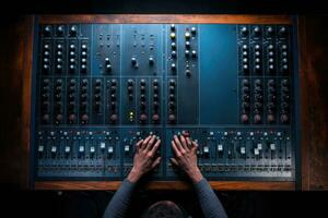 AI generated Close up of a sound engineer working on mixing console in a studio, Hand on a sound mixer station, top view, AI Generated photo