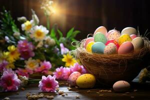 ai generado Pascua de Resurrección huevos en un cesta y primavera flores en un de madera fondo, contento Pascua de Resurrección, congratulatorio Pascua de Resurrección fondo, Pascua de Resurrección huevos y flores, ai generado foto