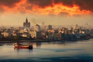 ai generado puesta de sol ver de el ciudad de Bombay, India. panorámico ver de el ciudad, la Habana, Cuba, céntrico horizonte, ai generado foto