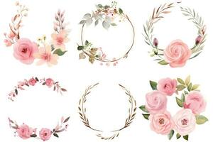 AI generated Watercolor floral wreaths with pink roses, leaves and branches, Hand-painted wreaths and floral frames with watercolor flowers, especially pink roses, AI Generated photo