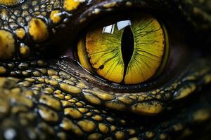 ai generado de cerca de el ojo de un salvaje reptil. macro, realce el amarillo ojo de un cocodrilo en un de cerca, ai generado foto