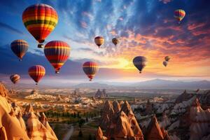 AI generated Hot air balloons flying over Cappadocia, Turkey, Hot air balloons flying over spectacular Cappadocia, AI Generated photo