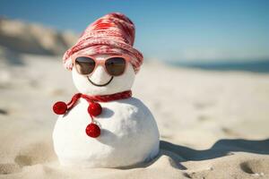 ai generado monigote de nieve vistiendo Gafas de sol y rojo bufanda en el playa a Navidad tiempo, contento arenoso monigote de nieve con Gafas de sol y Papa Noel sombrero en un soleado Navidad día tarde, ai generado foto