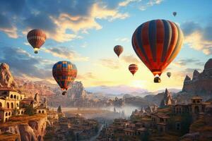 AI generated Hot air balloons flying over ancient city of Cappadocia, Hot air balloons flying over spectacular Cappadocia, AI Generated photo