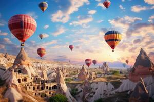 AI generated Hot air balloons flying over valley in Cappadocia, Turkey, Hot air balloons flying over spectacular Cappadocia, AI Generated photo